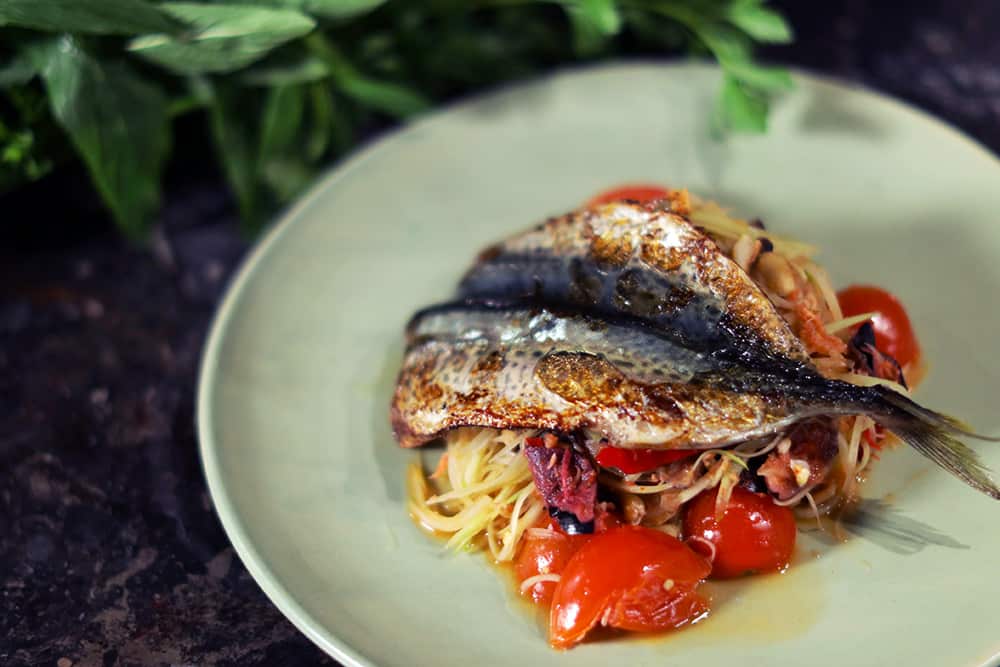 Paperbark smoked Blue mackerel, papaya salad, Davidson plum dressing