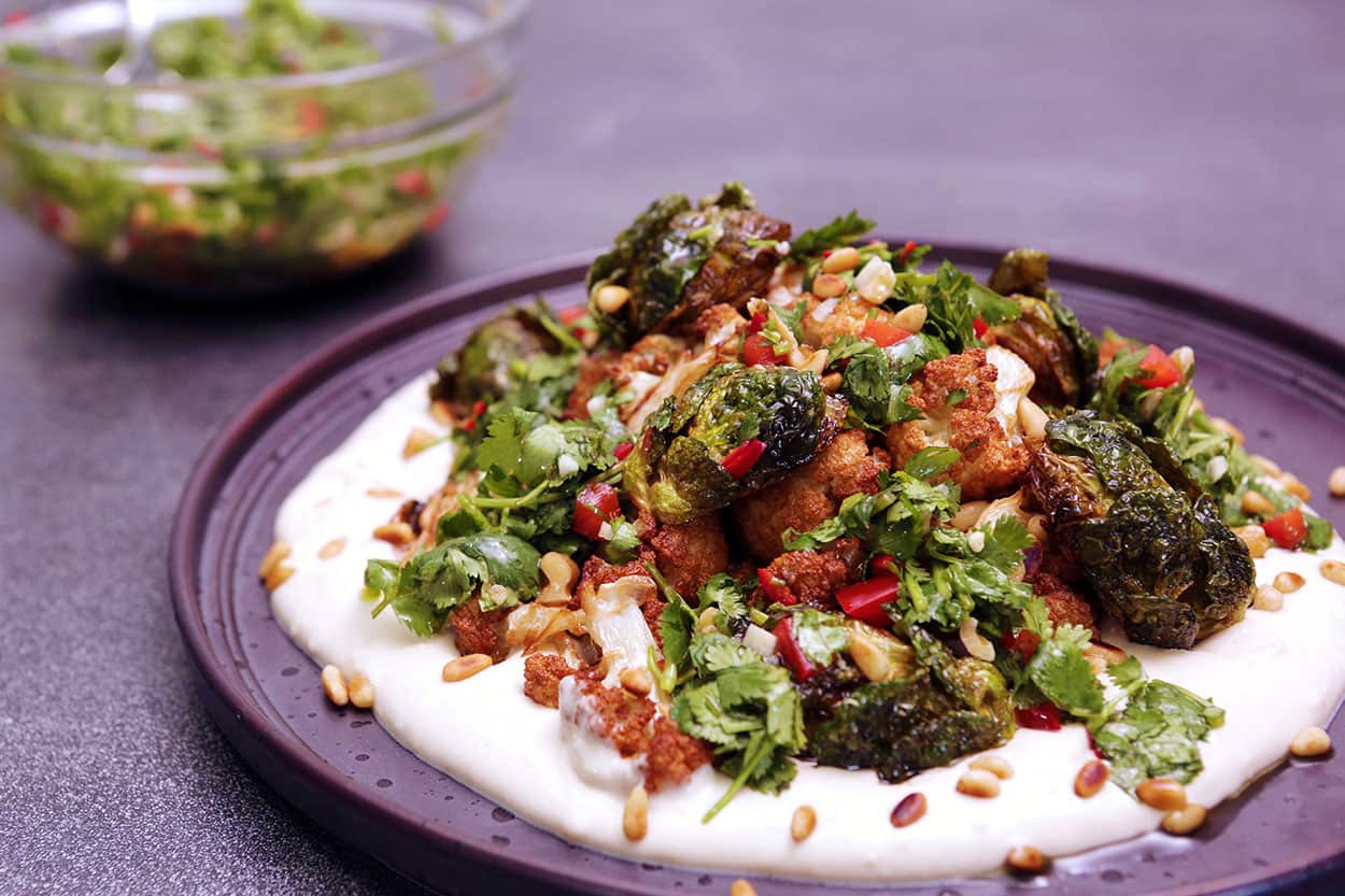 Fried cauliflower and brussel sprouts with tahini sauce