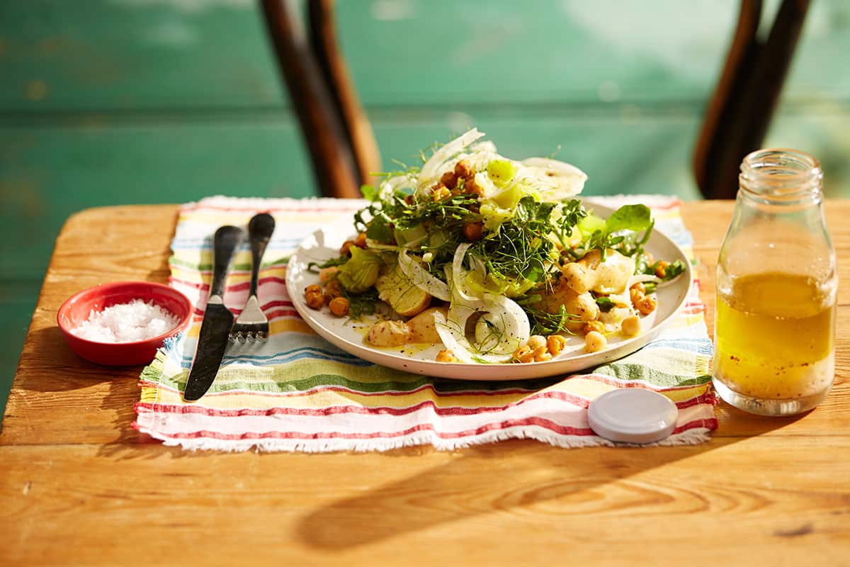 Fennel and potato salad, roasted leeks and crispy chickpeas