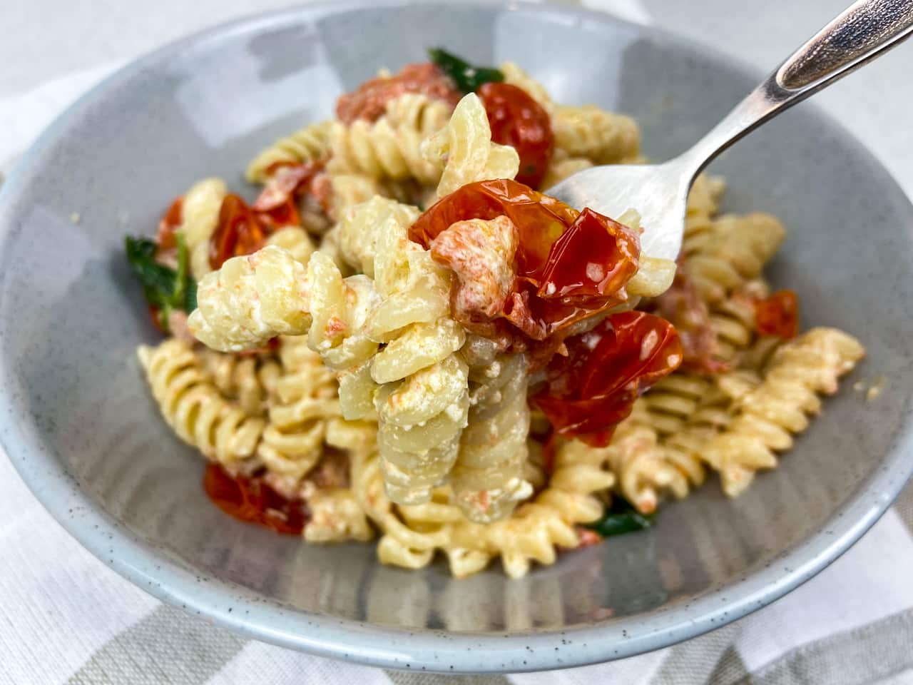 Feta pasta on fork