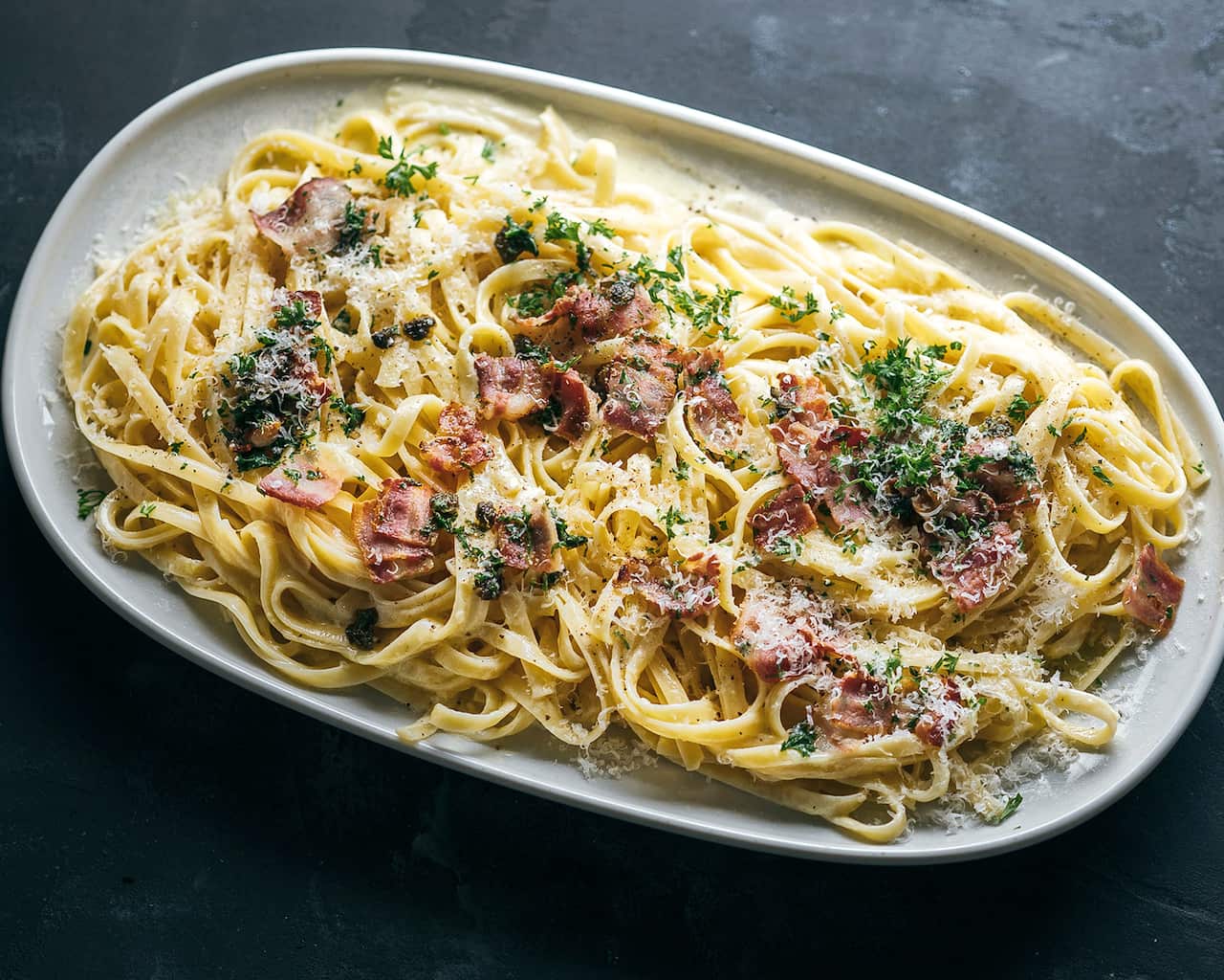 Fettuccini alfredo with pancetta and fried capers