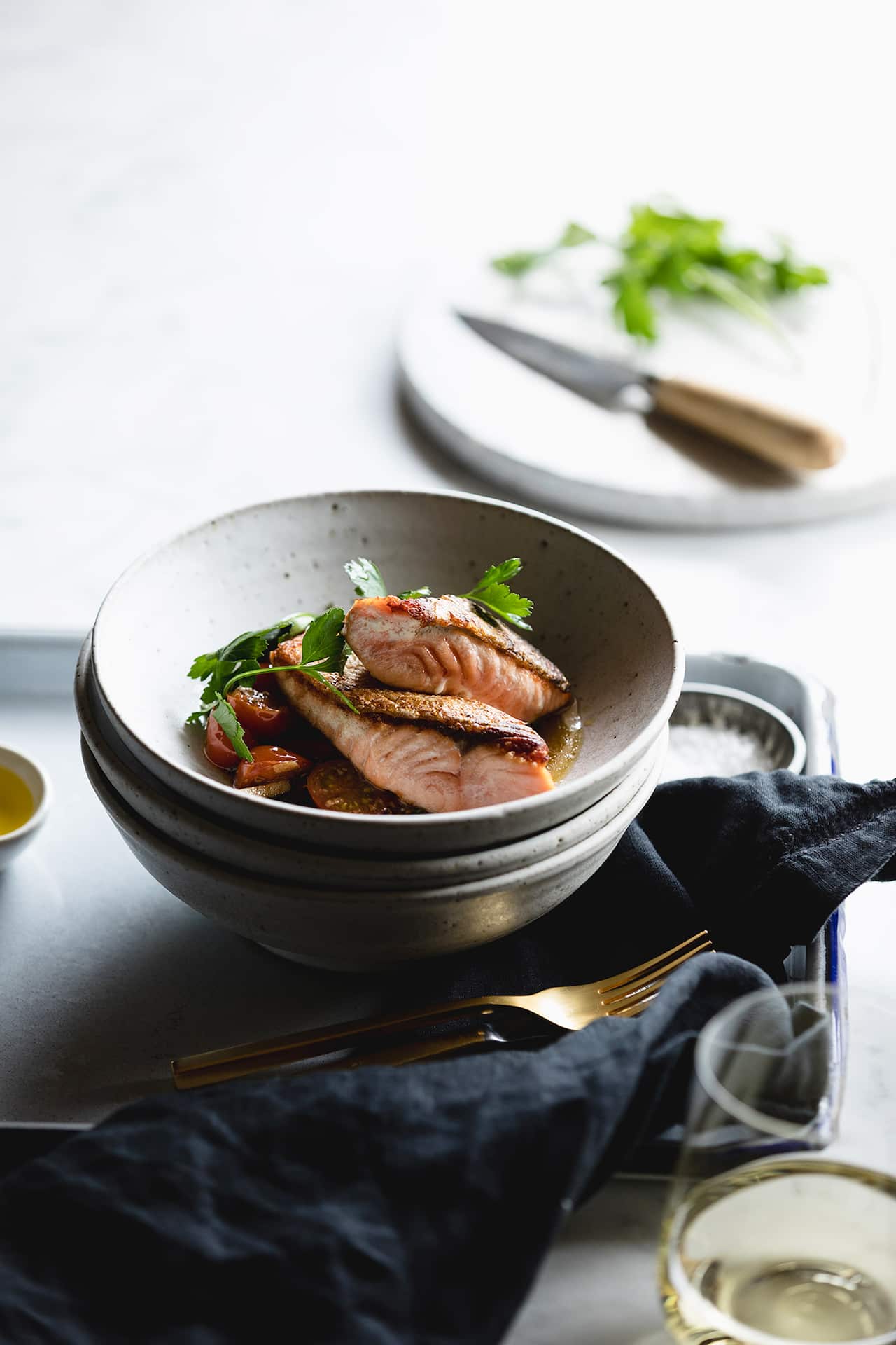 Crisp skin salmon with sauce vierge  