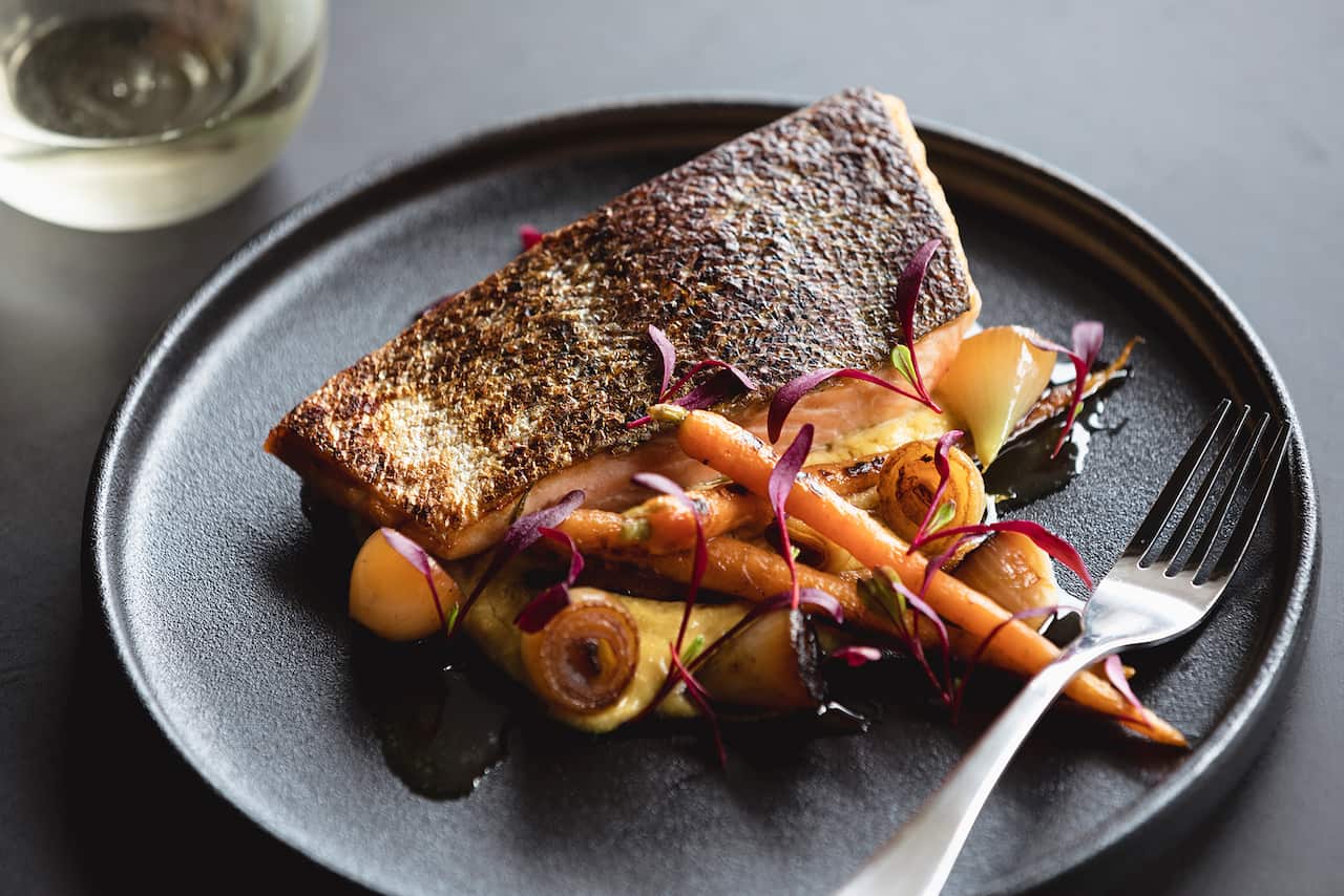 Salmon with hummus and charred onion