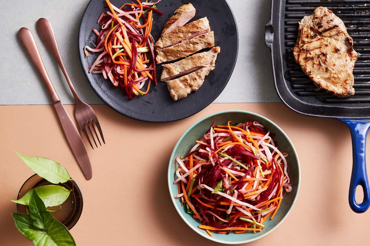 Fragrant charred pork chop & pickled rainbow carrot slaw