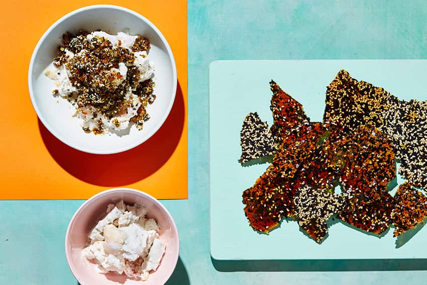 Frozen lychee and coconut cream with sesame praline