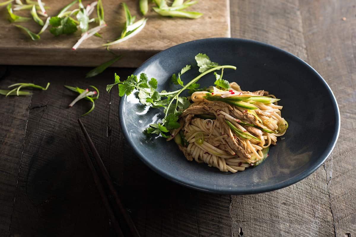 Shredded chicken, cucumber and noodle salad