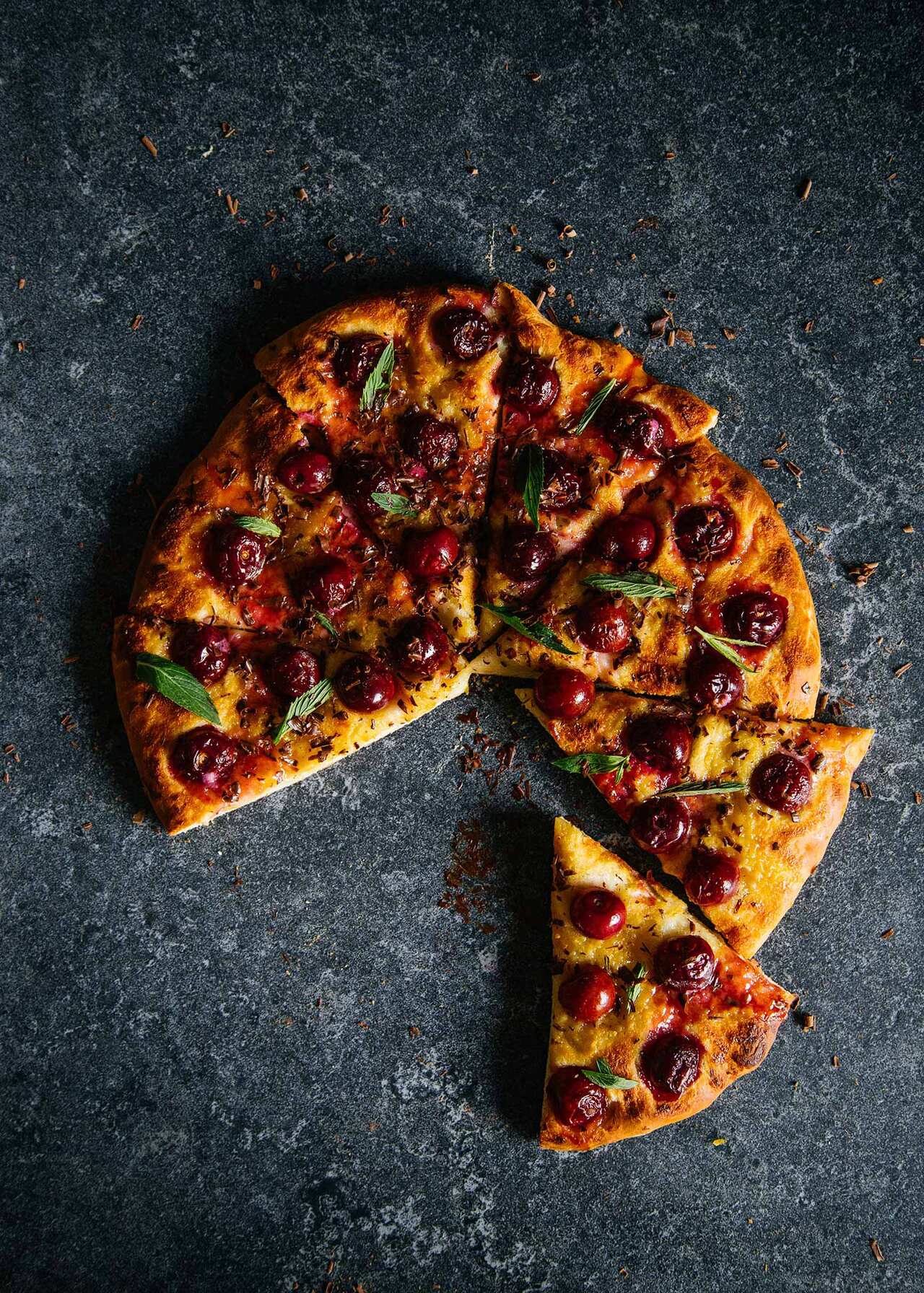Cherry and chocolate dessert pizza