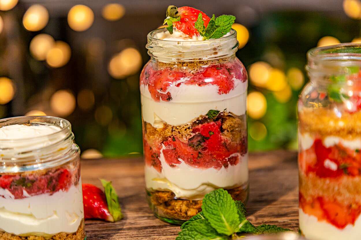 Strawberry hobnob cheesecake jars