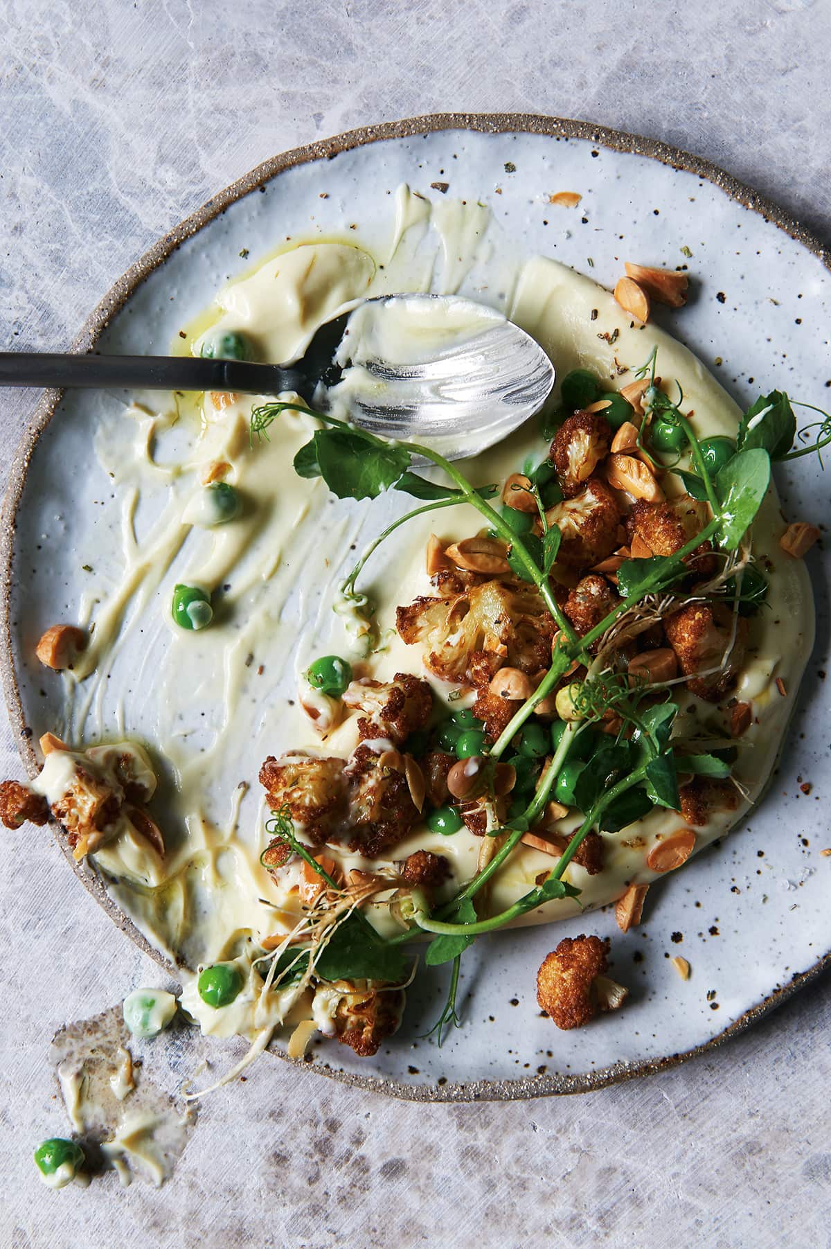 Garden peas, cauliflower, almonds, lemon