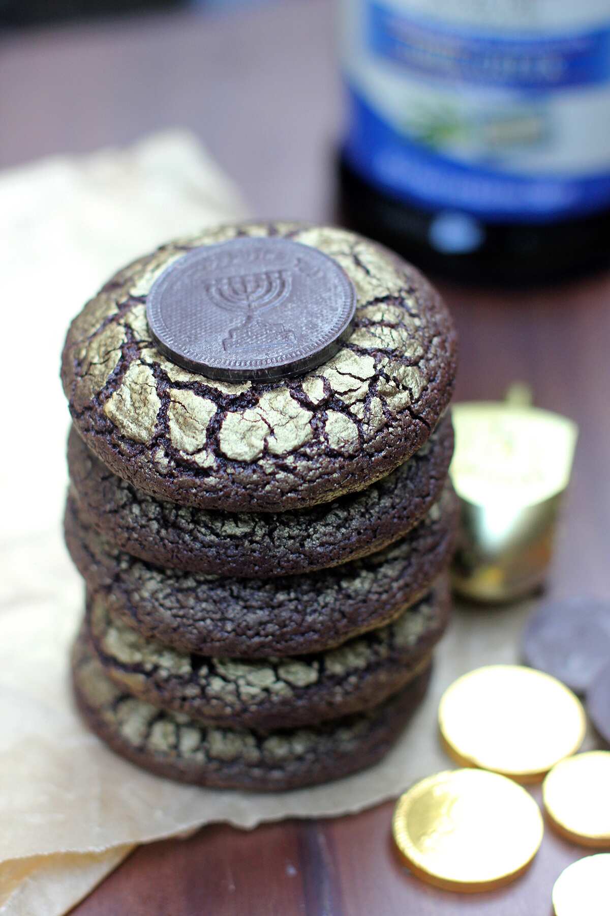 Chocolate gelt crinkle cookies