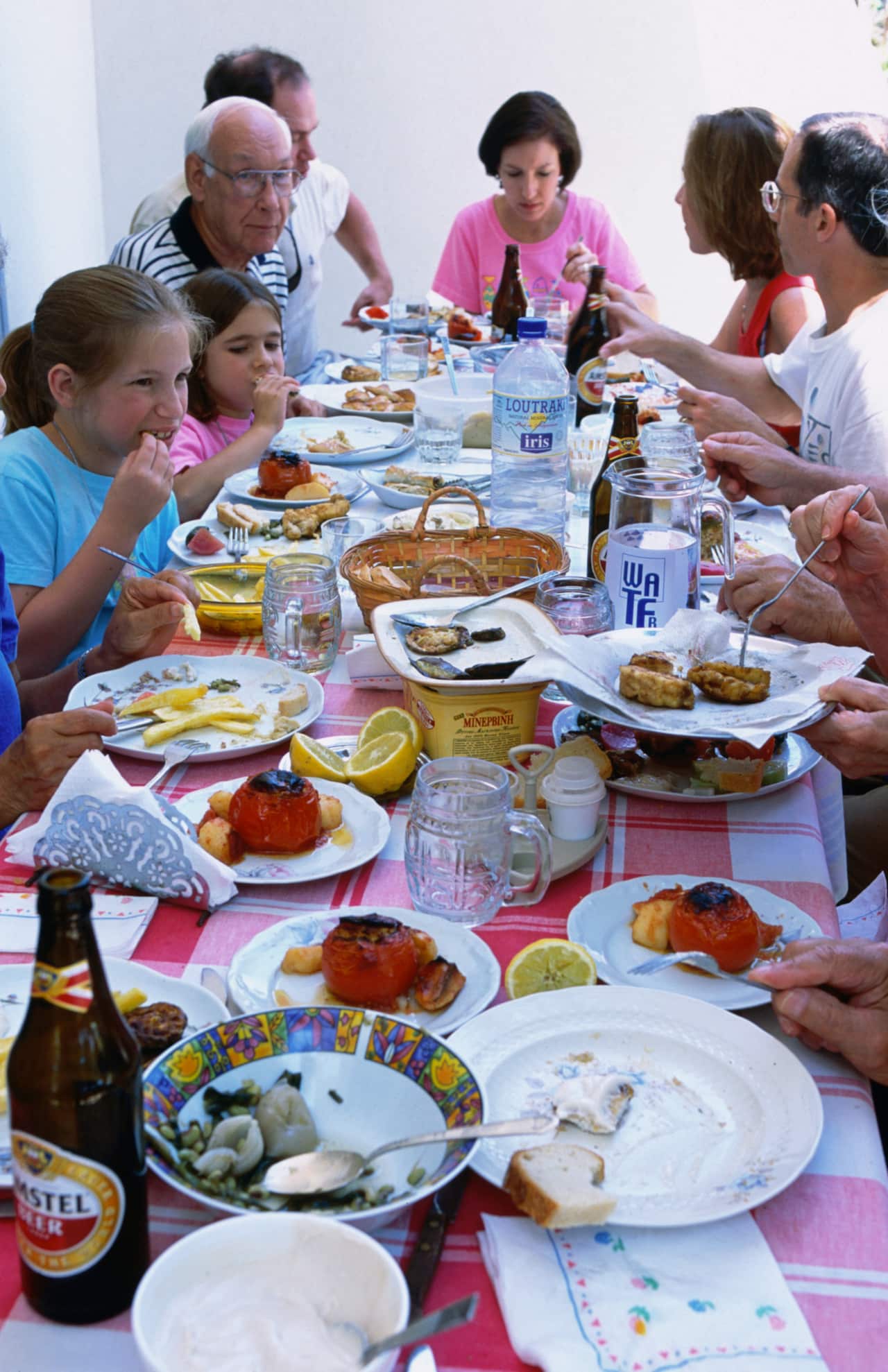 The family sits down to a huge spread for lunch.