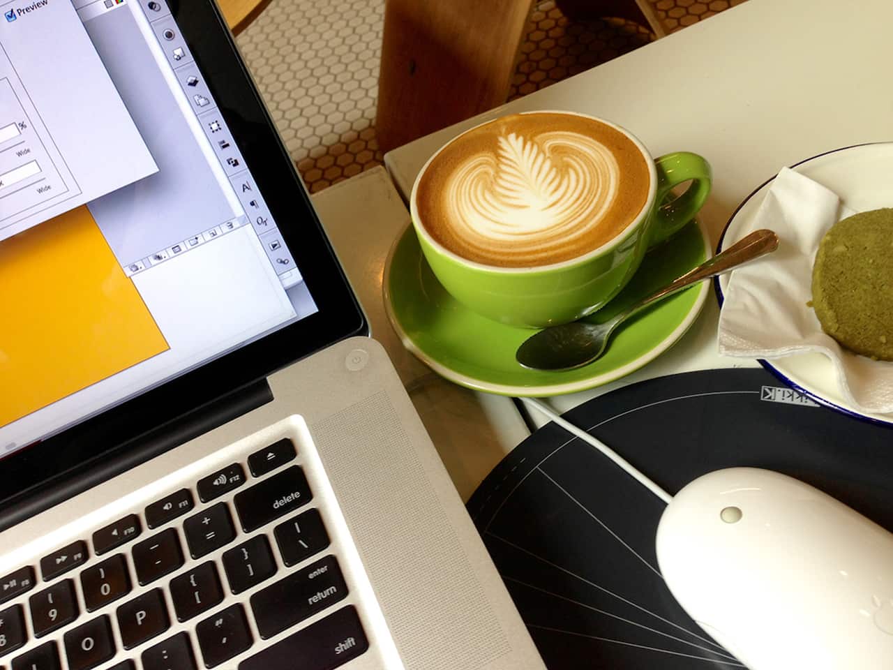 Working in a cafe with coffee