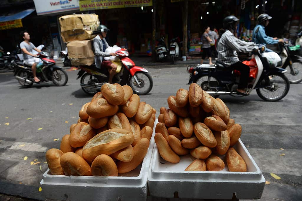 "Banh mi" are displayed for sale by a street vendor (not pictured) on a street in Vietnam.