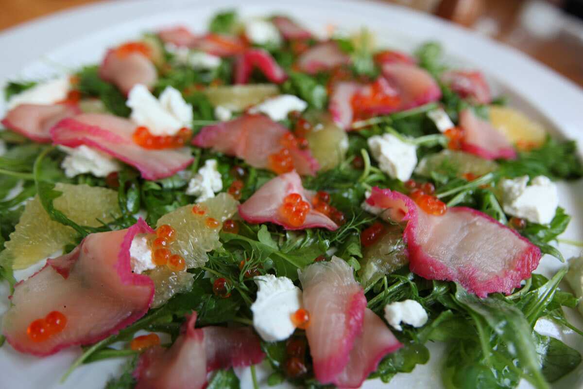 Salad of beetroot-cured trout, grapefruit, goat’s curd and salmon roe