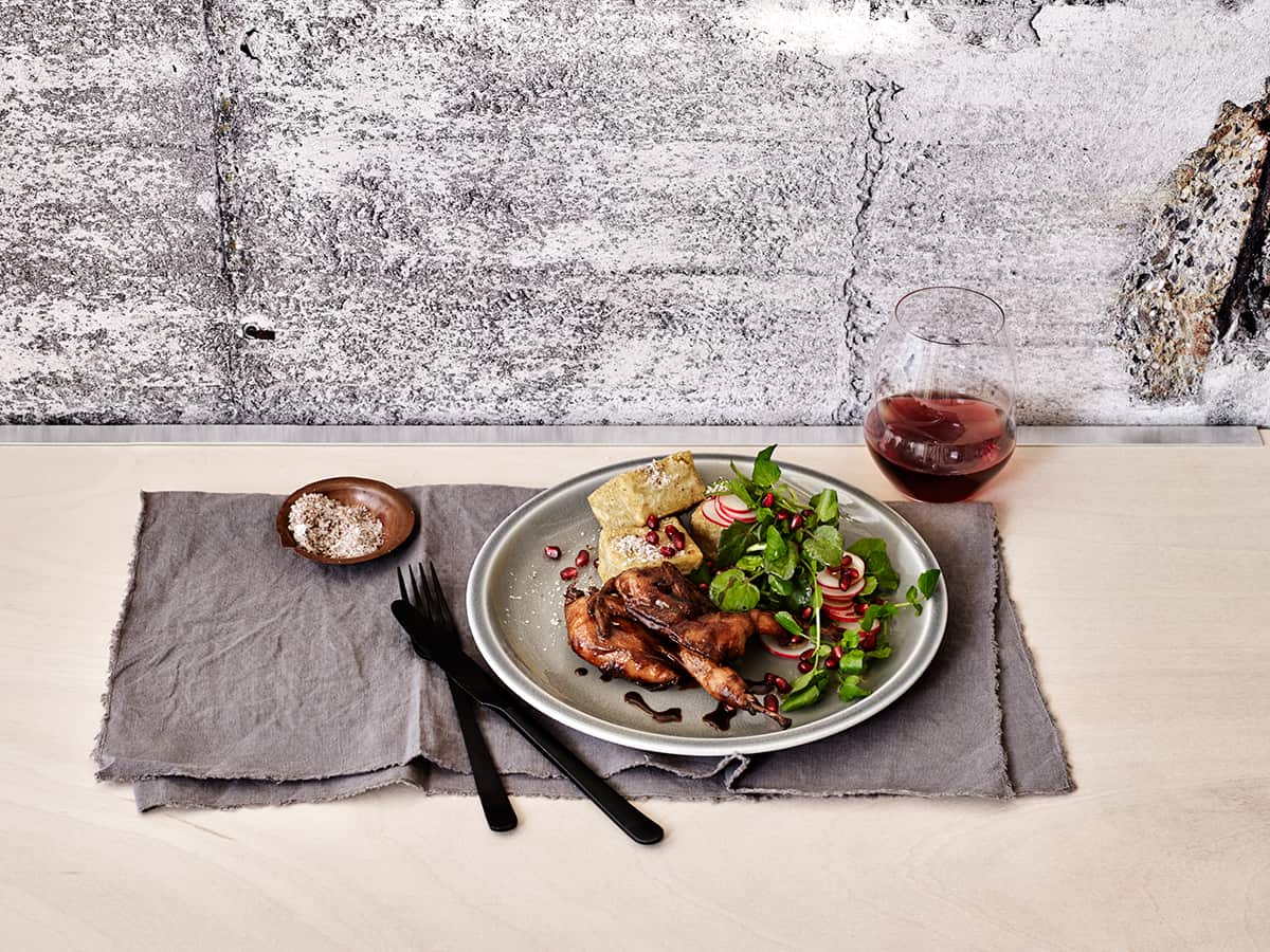 Glazed quail with chickpea fritters