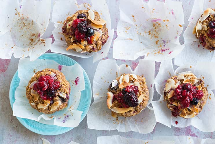 Gluten-free and dairy-free banana coconut and berry muffins