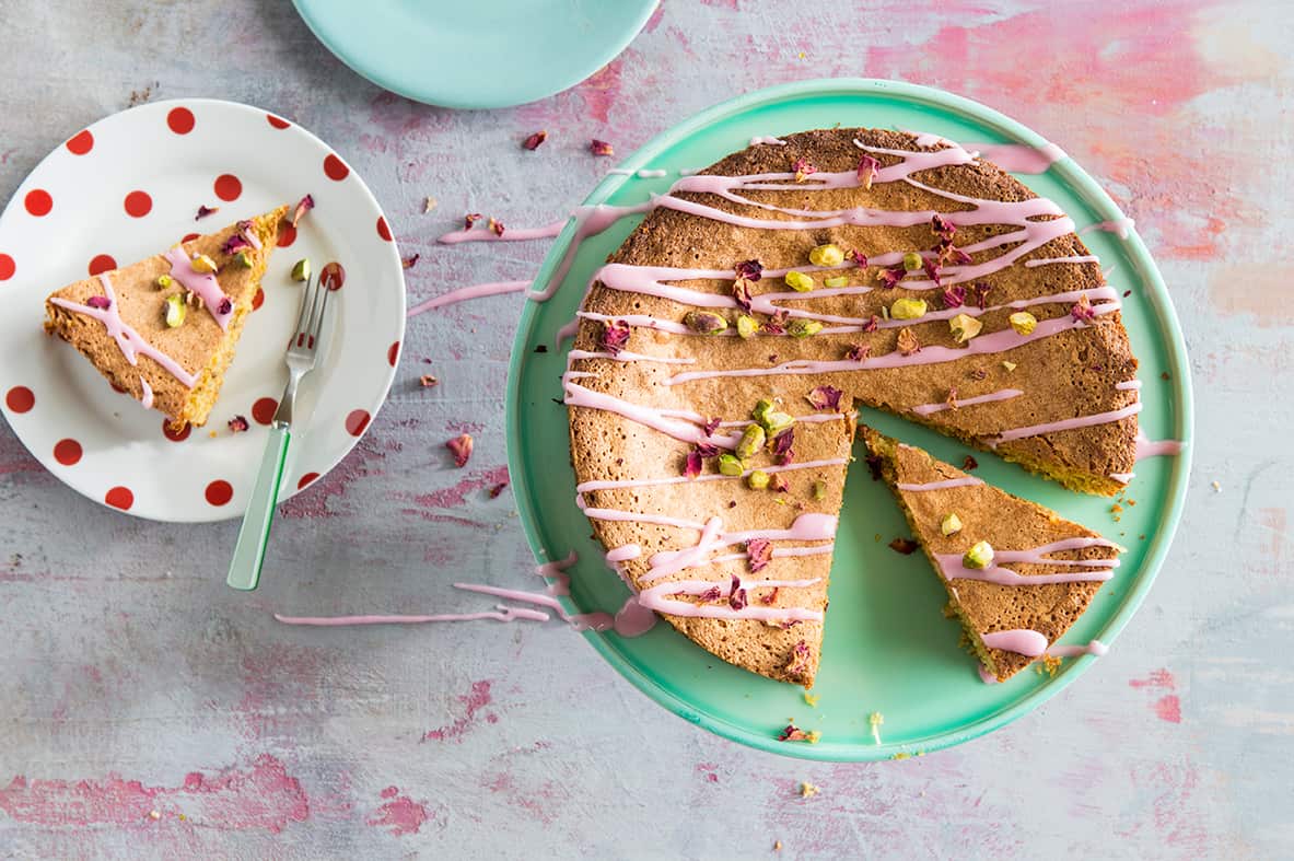 Gluten-free lemon and pistachio cake with rosewater icing