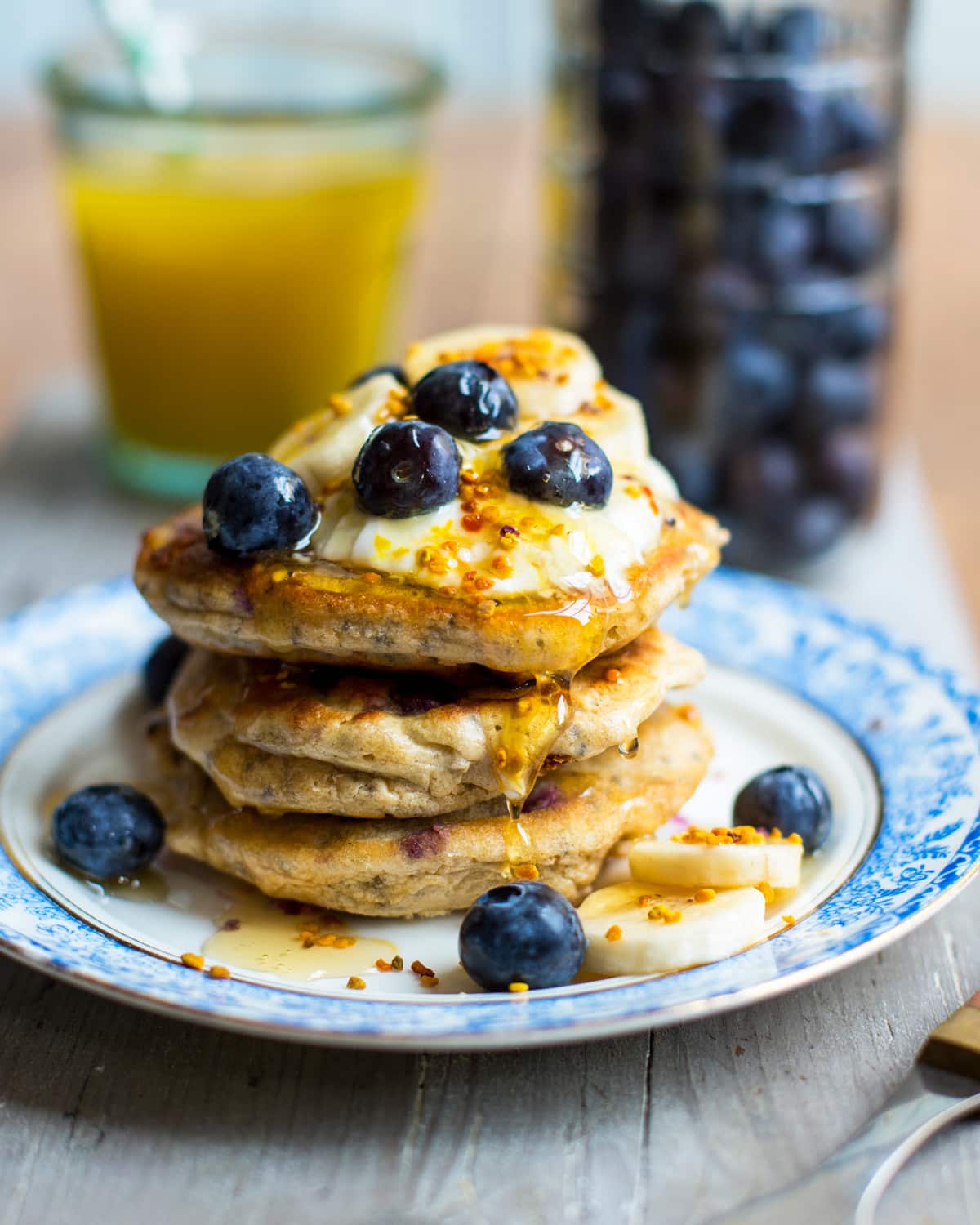 Gluten-free pancakes with blueberry, banana and honey