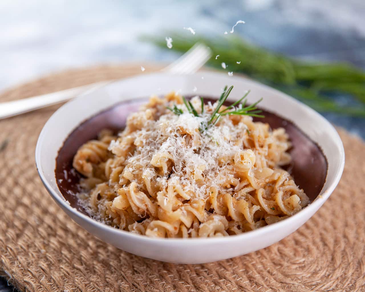 Gluten-free spiral pasta with walnut and rosemary pesto