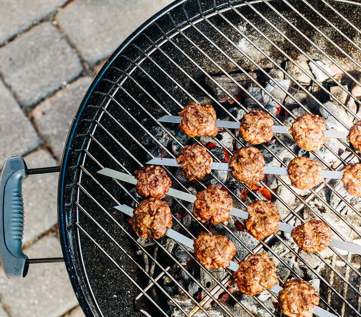 Gyro meatball kebabs with feta tzatziki sauce