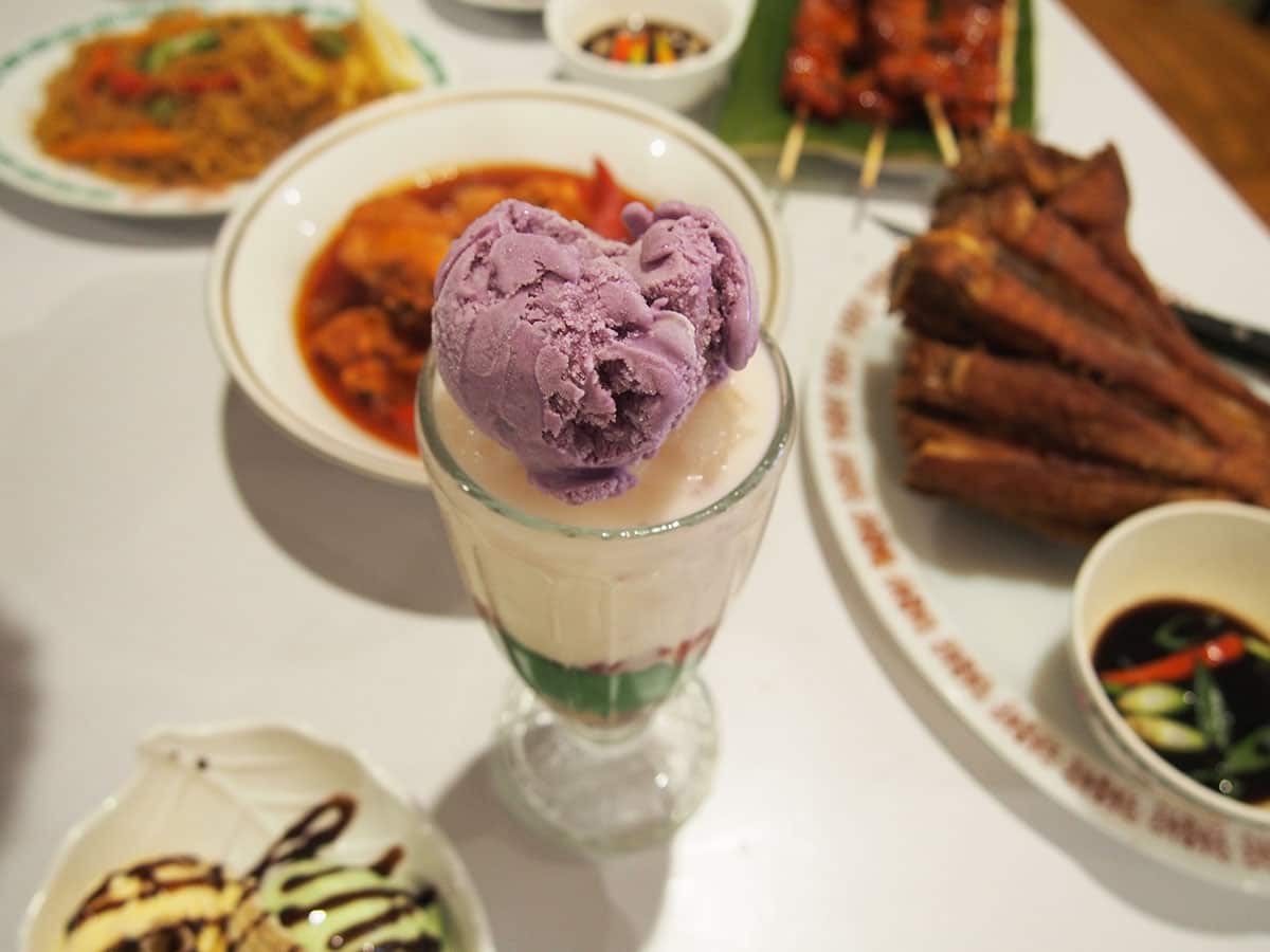 The halo-halo is an ice-cream sundae with green leaf jelly and taro ice cream