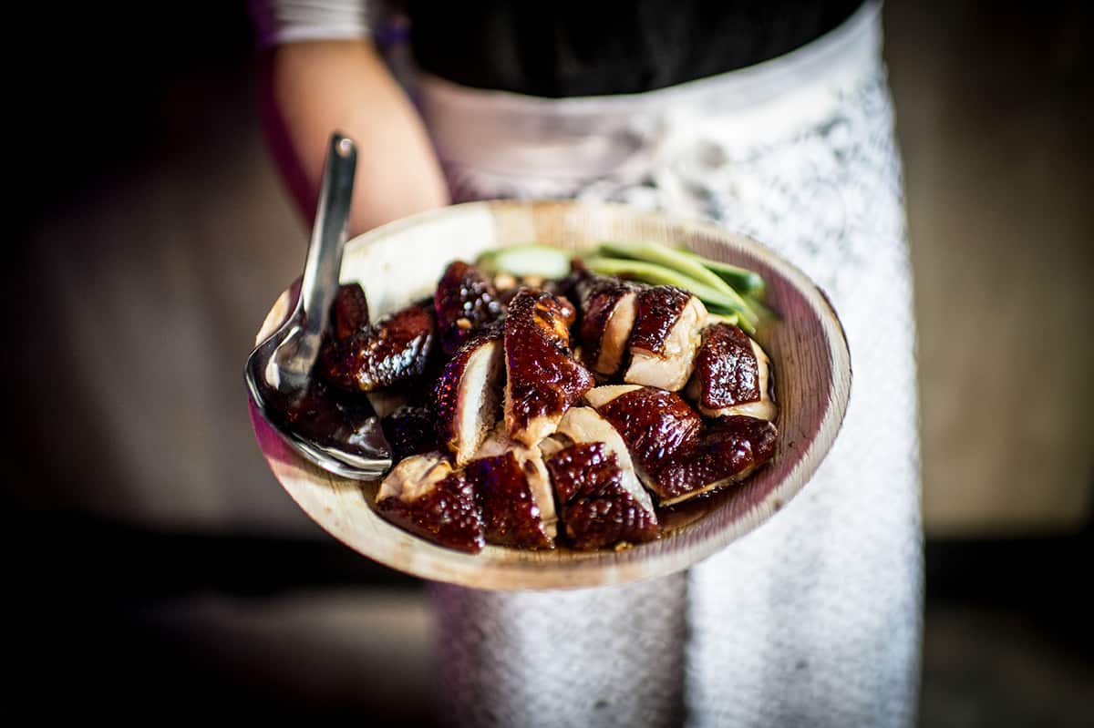 Soy chicken is the speciality at Hawker Chan, served with rice.