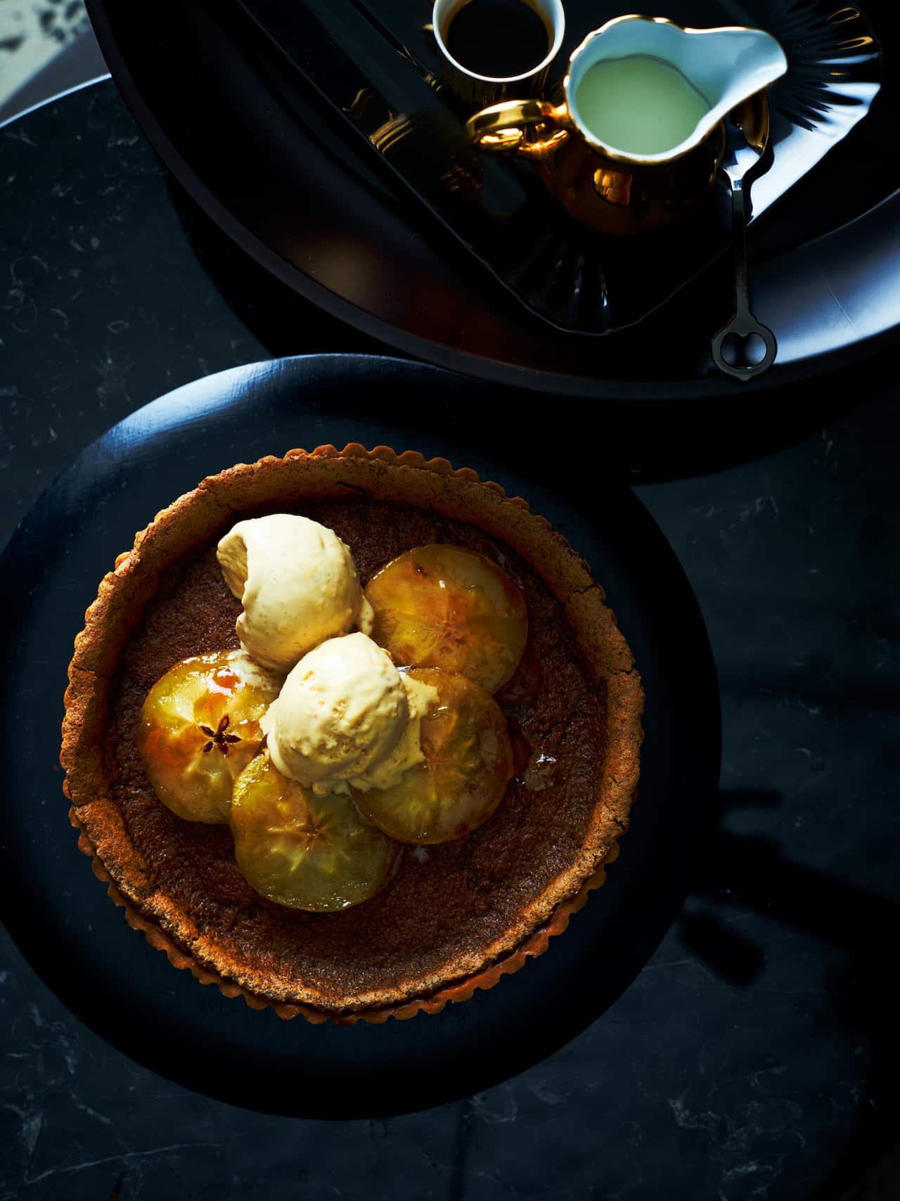 Maple syrup and brown sugar tart with caramel apples and pancake ice-cream