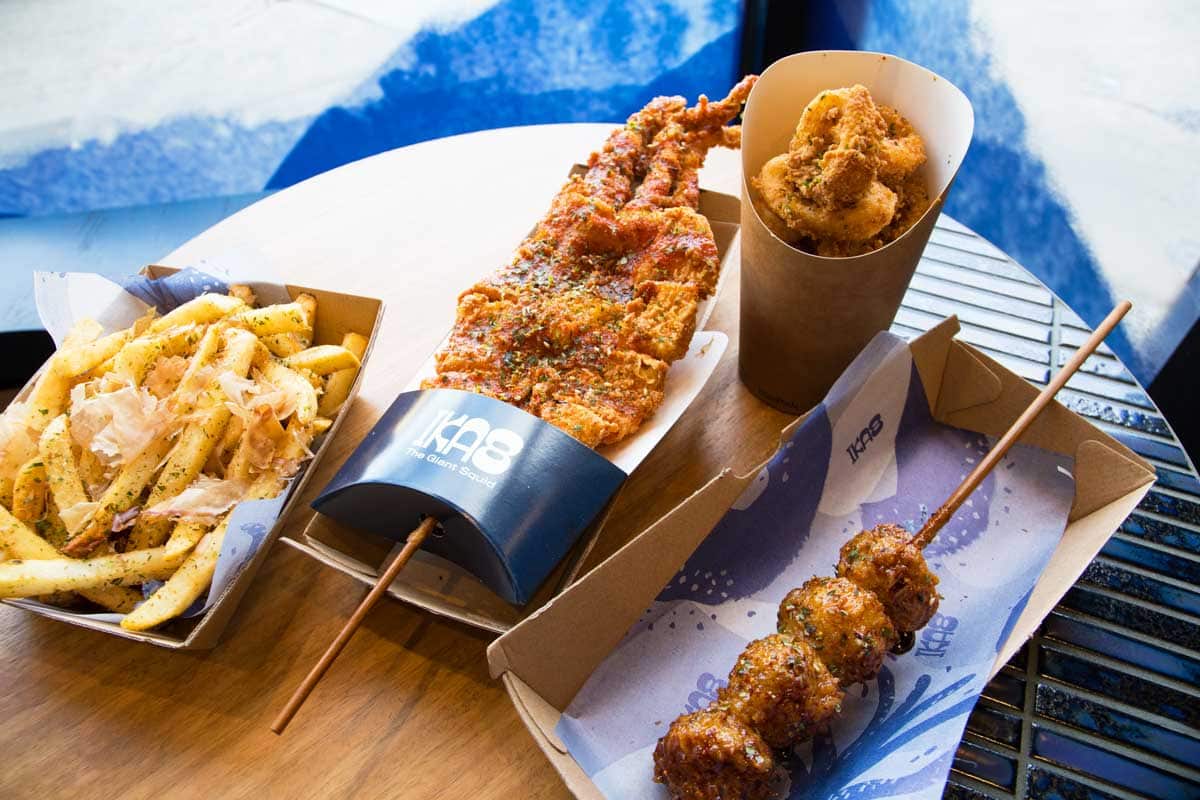 Here, the squid is served on a stick, as balls and as rings.