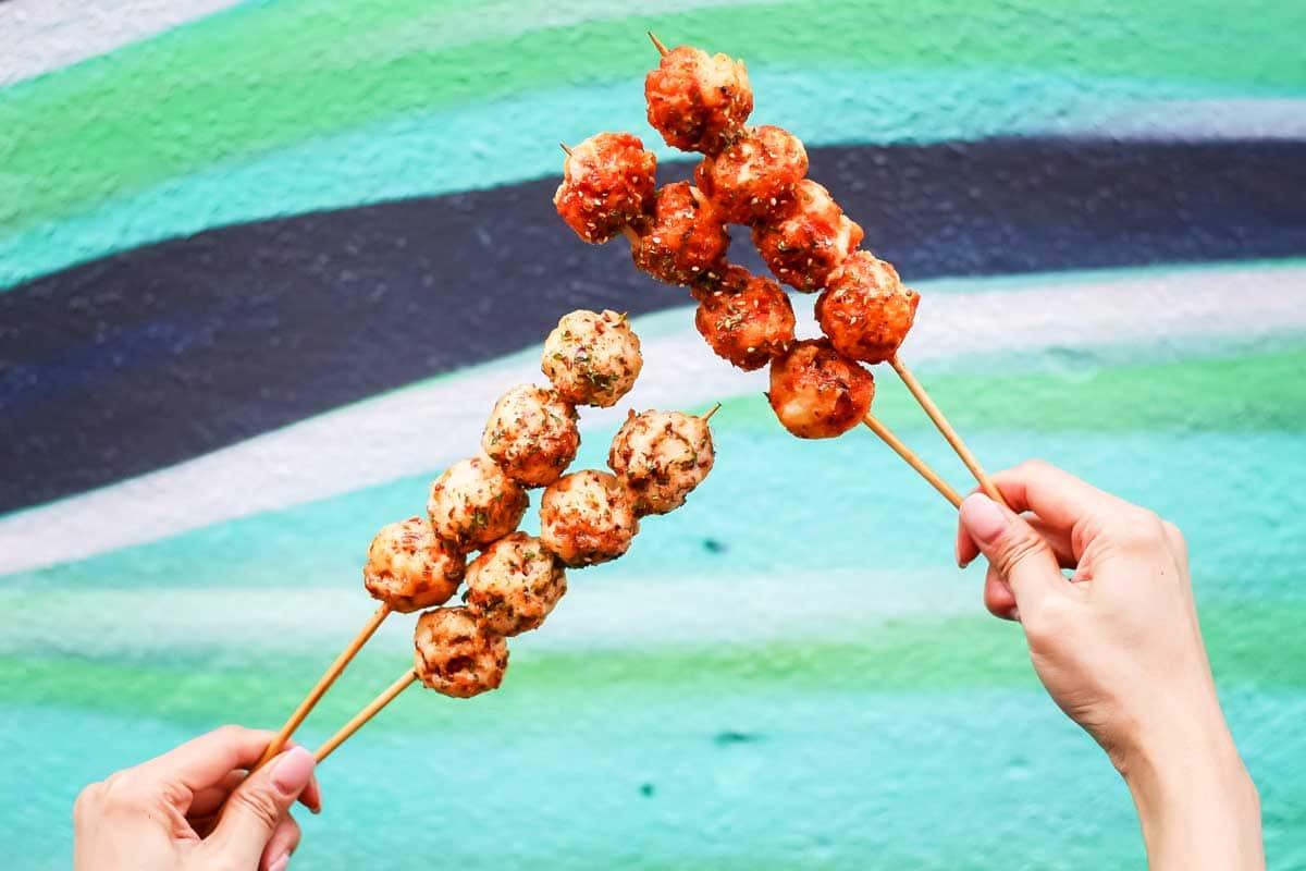 Get squid balls with a ginger and garlic soy sauce glaze or a spicier option: tom yum sriracha chilli sauce.