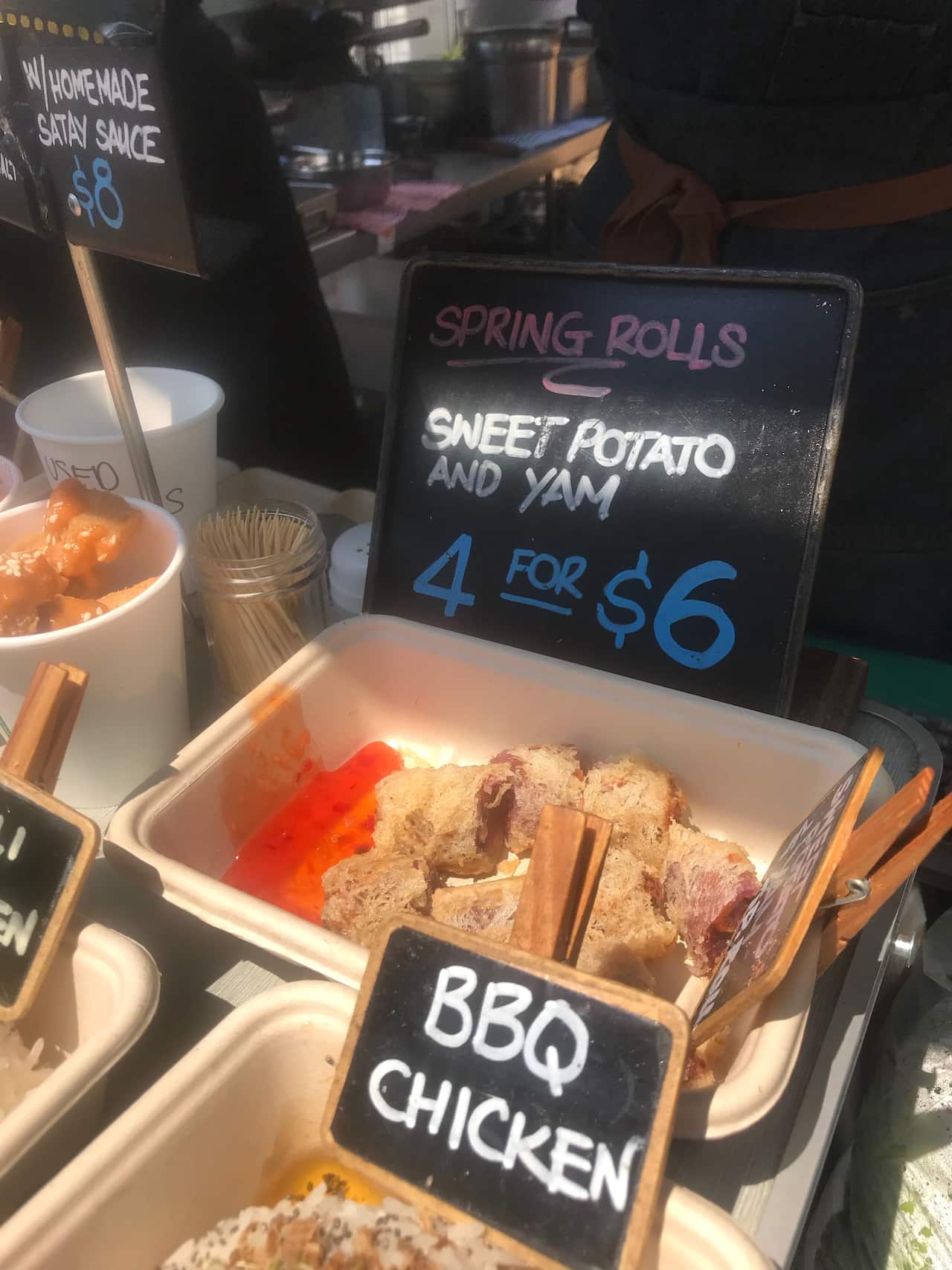 Spring rolls made with sweet potato and yam, as served at Thong's travelling Thai-inspired plant-based eatery. 