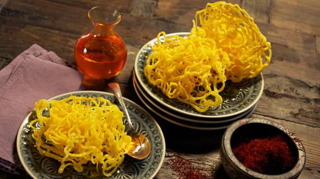 Saffron zoolbia (deep-fried pastry with saffron sugar syrup)