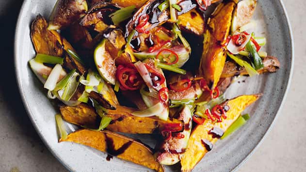Roasted sweet potatoes and fresh fig