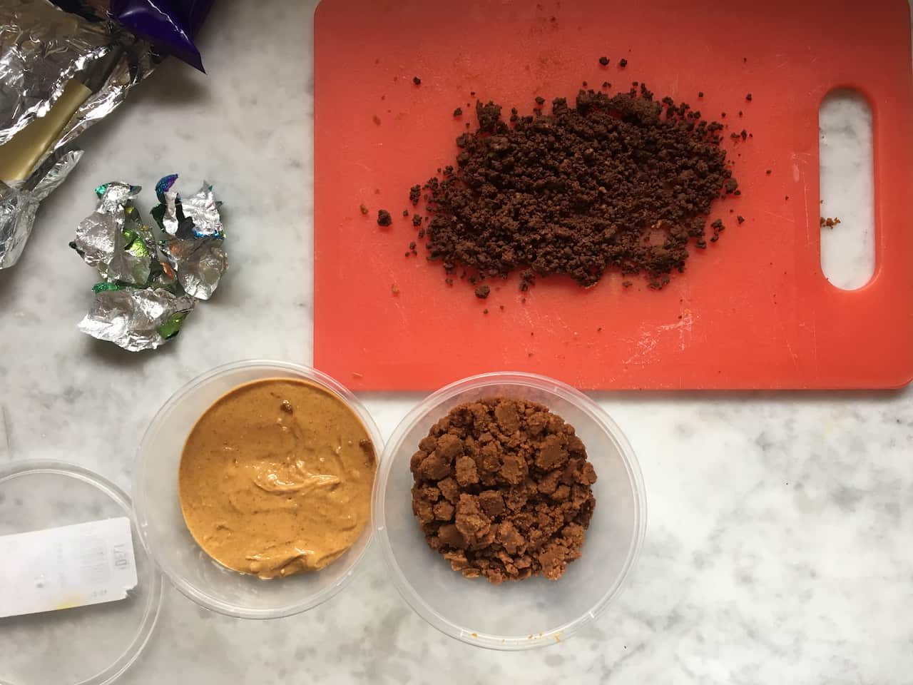 White and dark choc crumb on bench