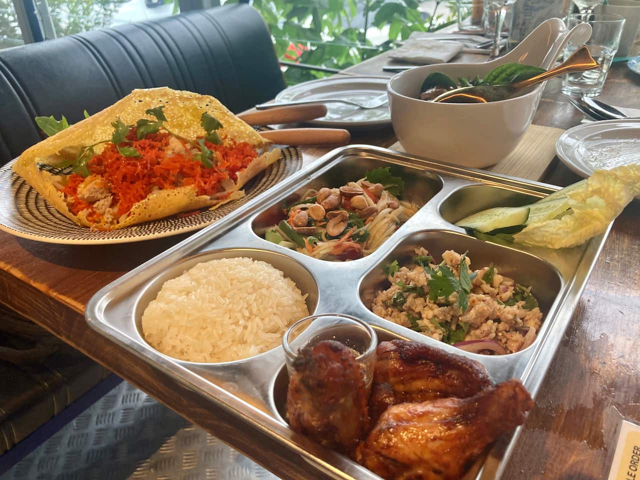 LEAF at Nowra (L to R): LEAF's Vietnamese pancake made with a Thai influence, Thai-style bento box and red curry with duck. 