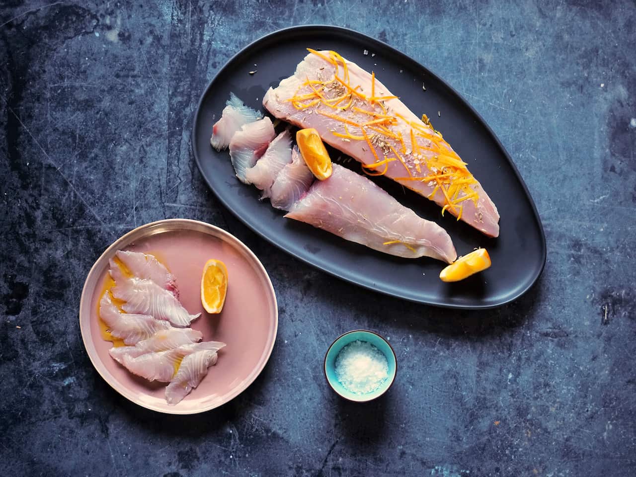 Citrus cured kingfish side laid on a platter