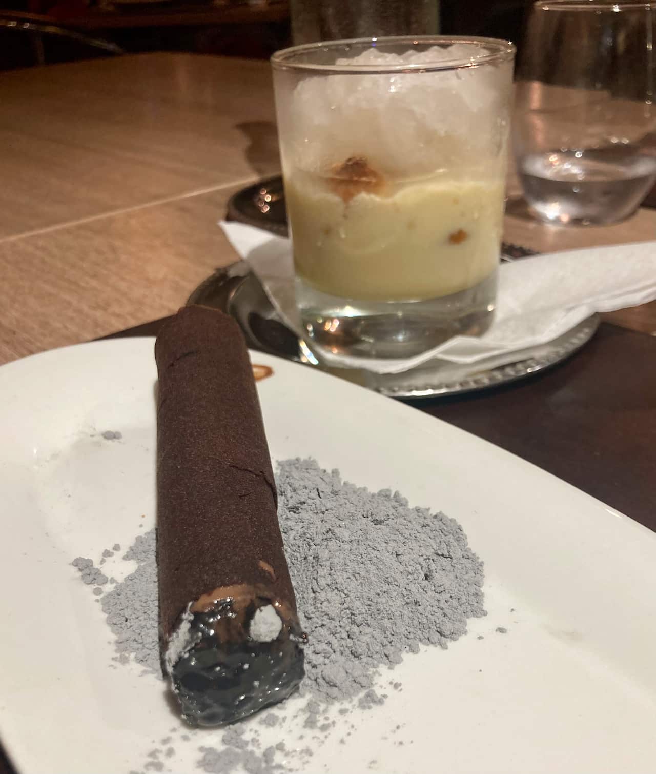 Note: this is not a real cigar. It's a smoked 'Havana’ cigar crisp tuille, filled with dark chocolate mousse from Marmite et Tire-Bouchon.