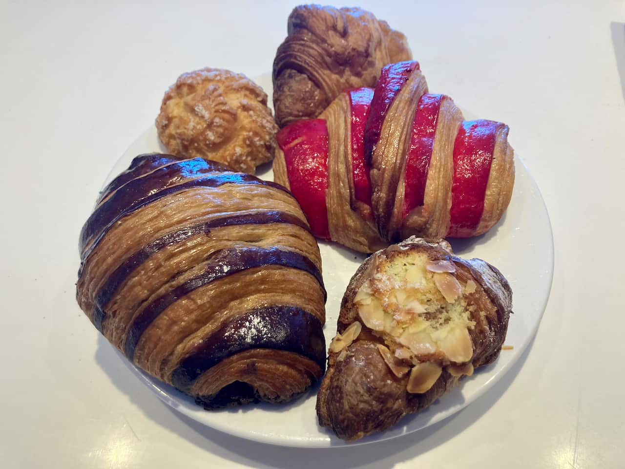 A plate of take-away pastries from Saint Honore Boulangerie Pattisserie in Noumea. 