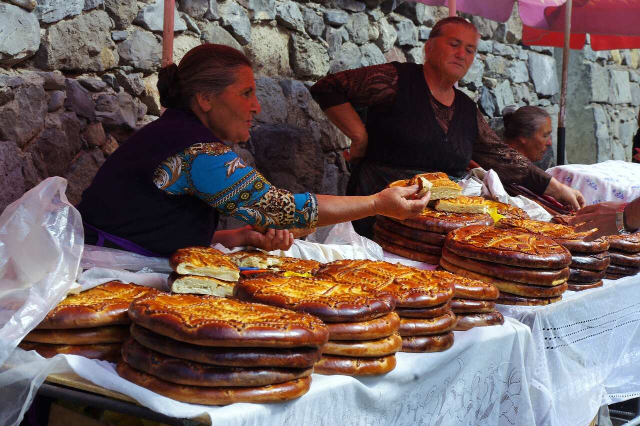 Armenian women selling gata near the monastery of Geghard.