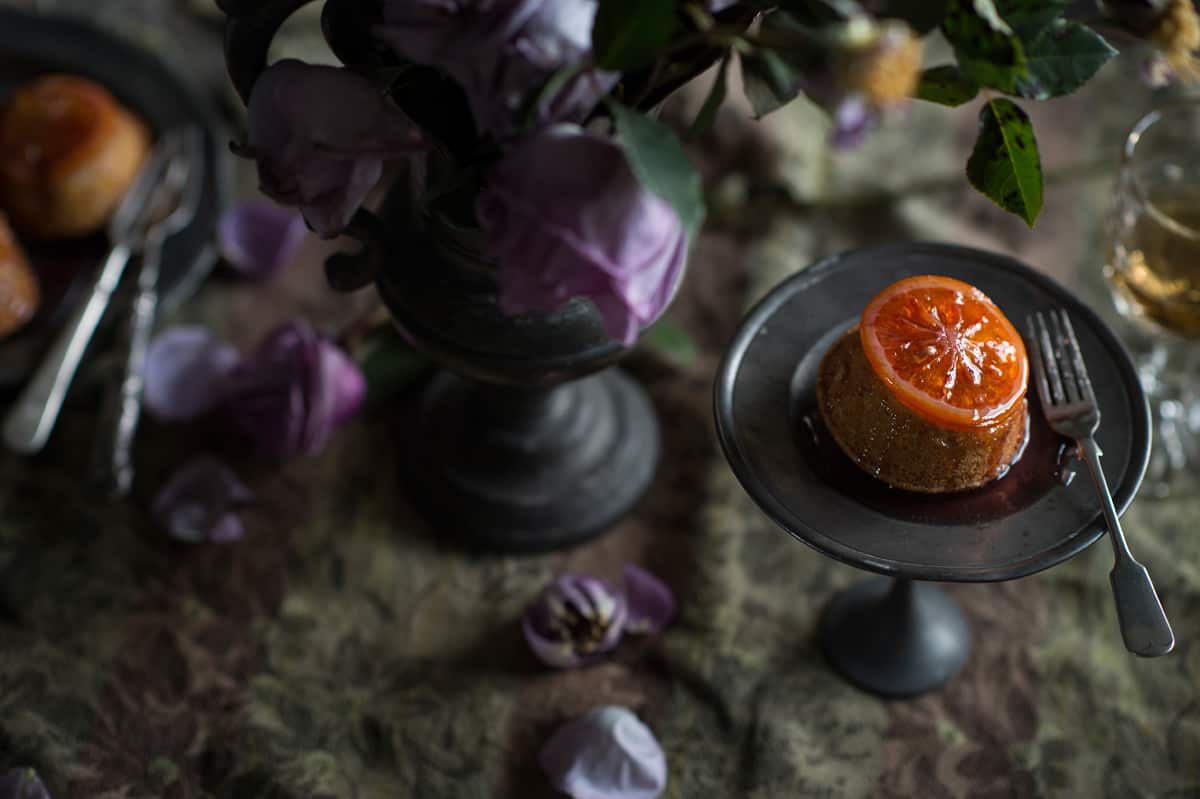 Upside-down blood orange and walnut cakes