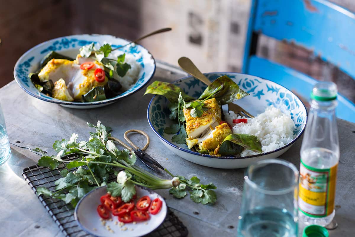 Sea bass grilled in banana leaves