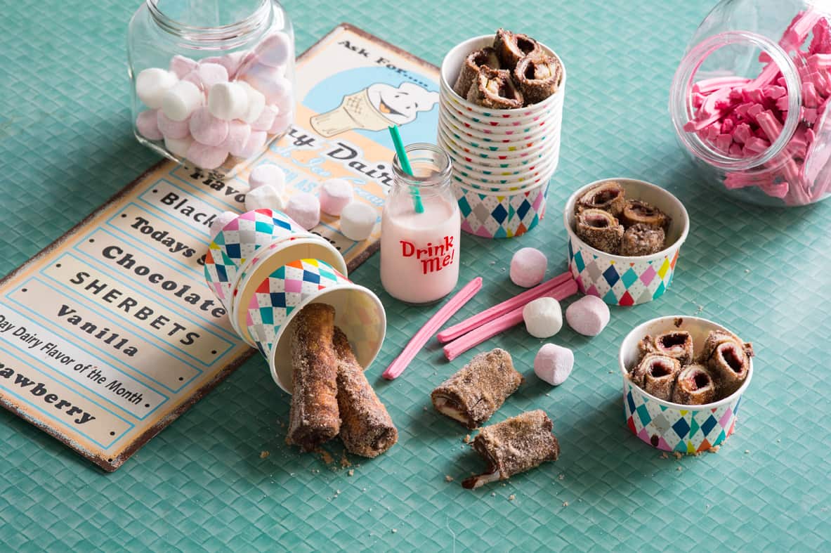 Jam, marshmallow and chocolate French toast rolls