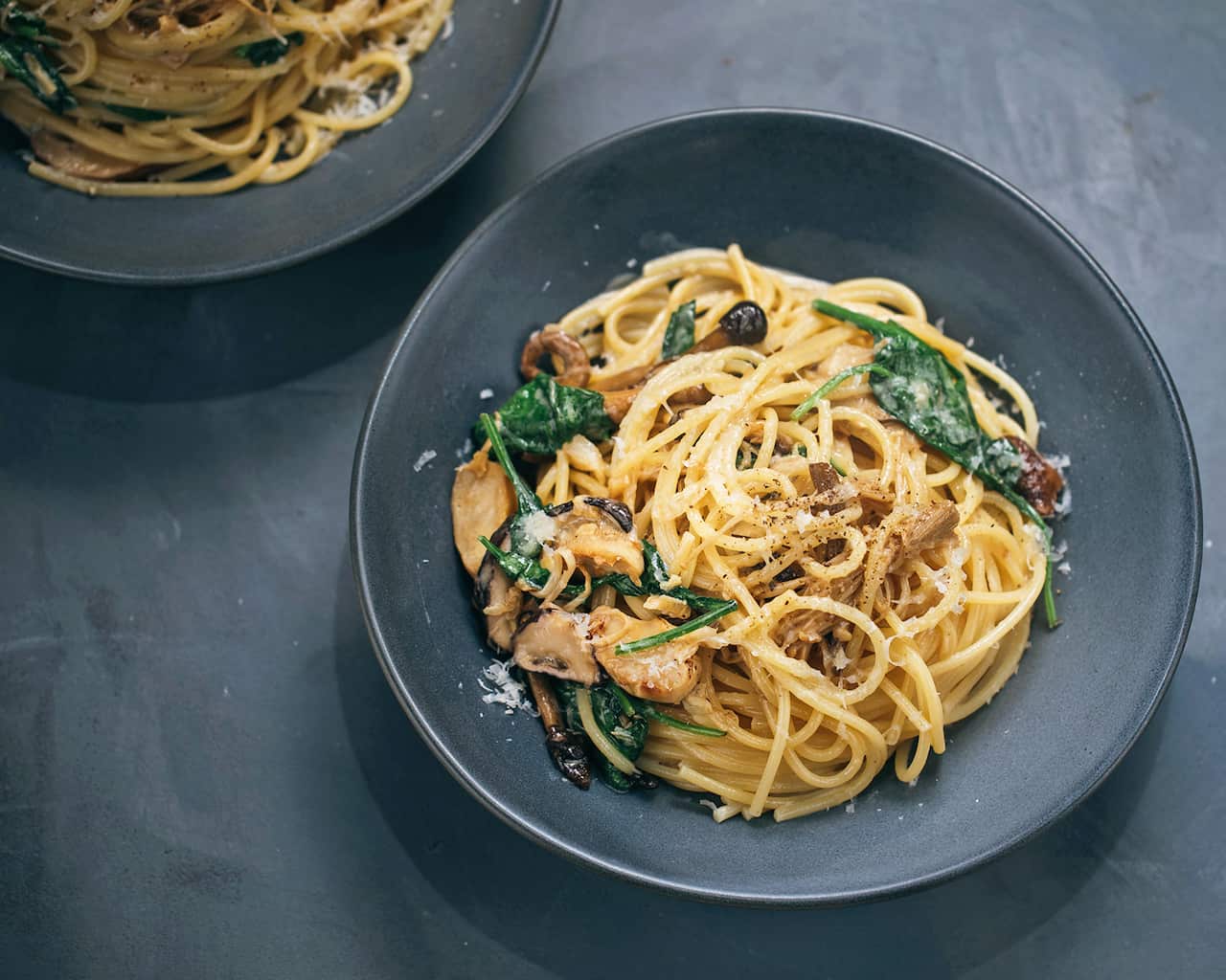 Japanese mushroom and spinach spaghetti
