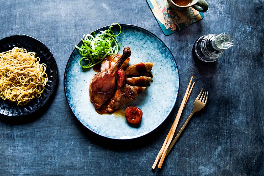Tea-smoked duck with tamarind and plum sauce