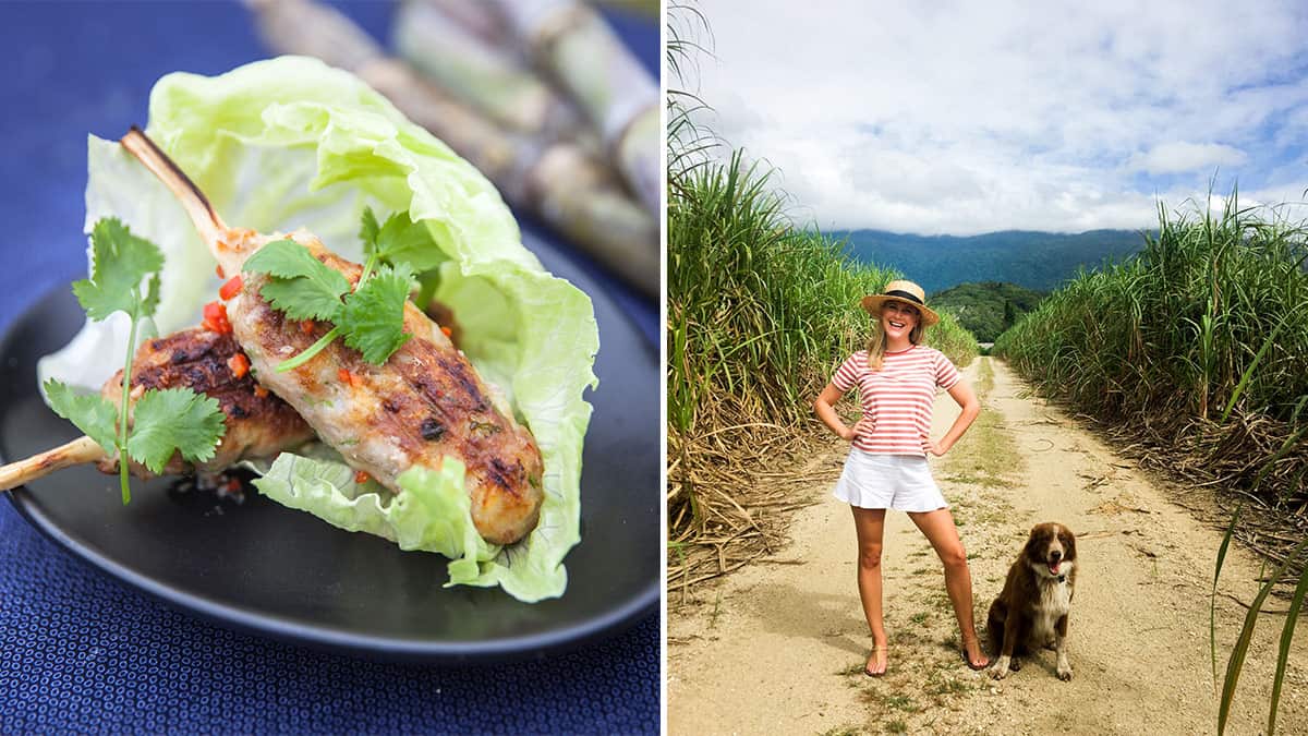 Justine visits a canefield near Mosman and then cooks pork and prawn skewers