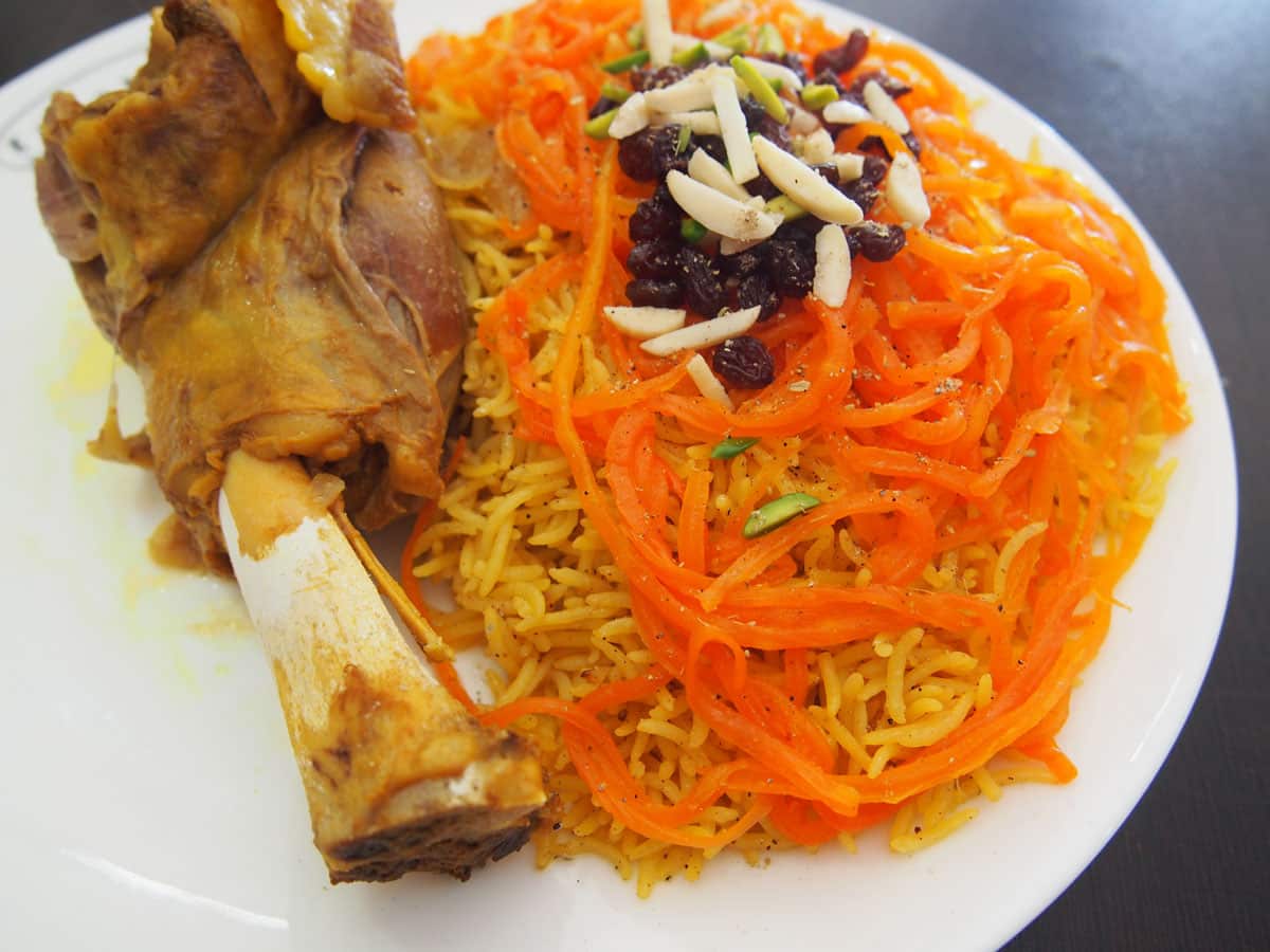 Qaboli Pallaw, Khaybar's most famous dish, is made of rice, lamb, and sauteed carrots, nuts and raisins.