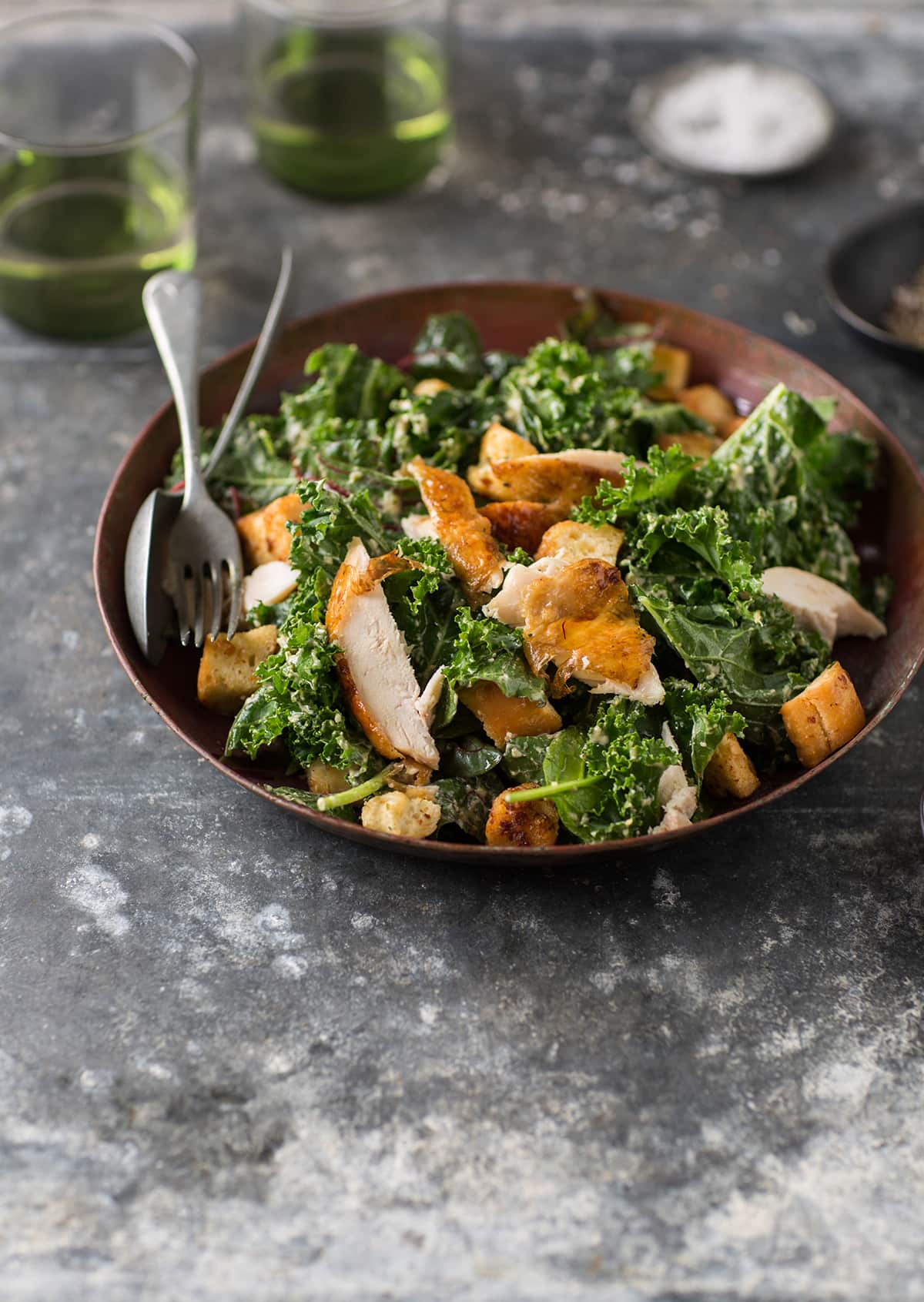 Kale Caesar salad with roast chicken
