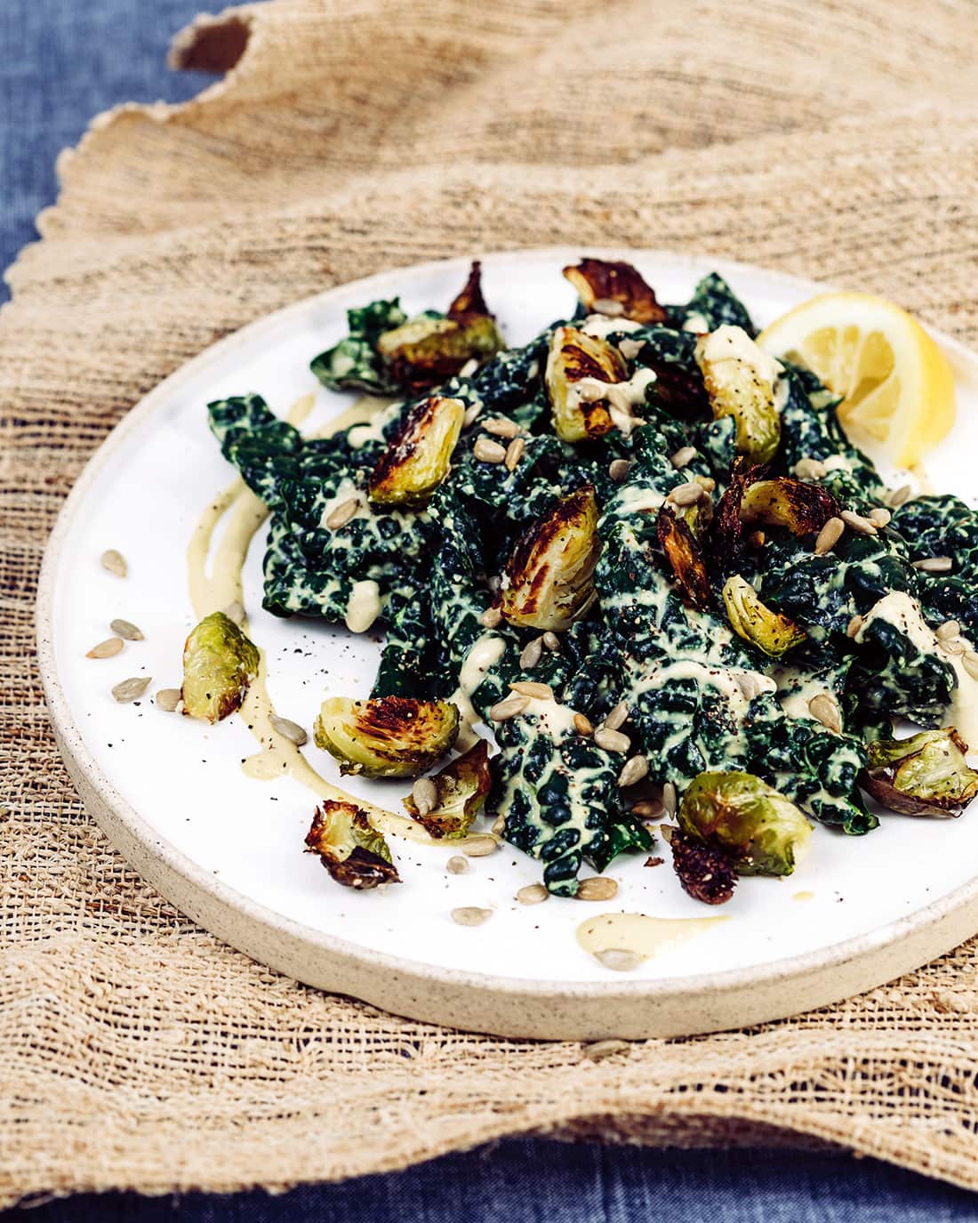 Kale Caesar salad with roasted brussels sprouts