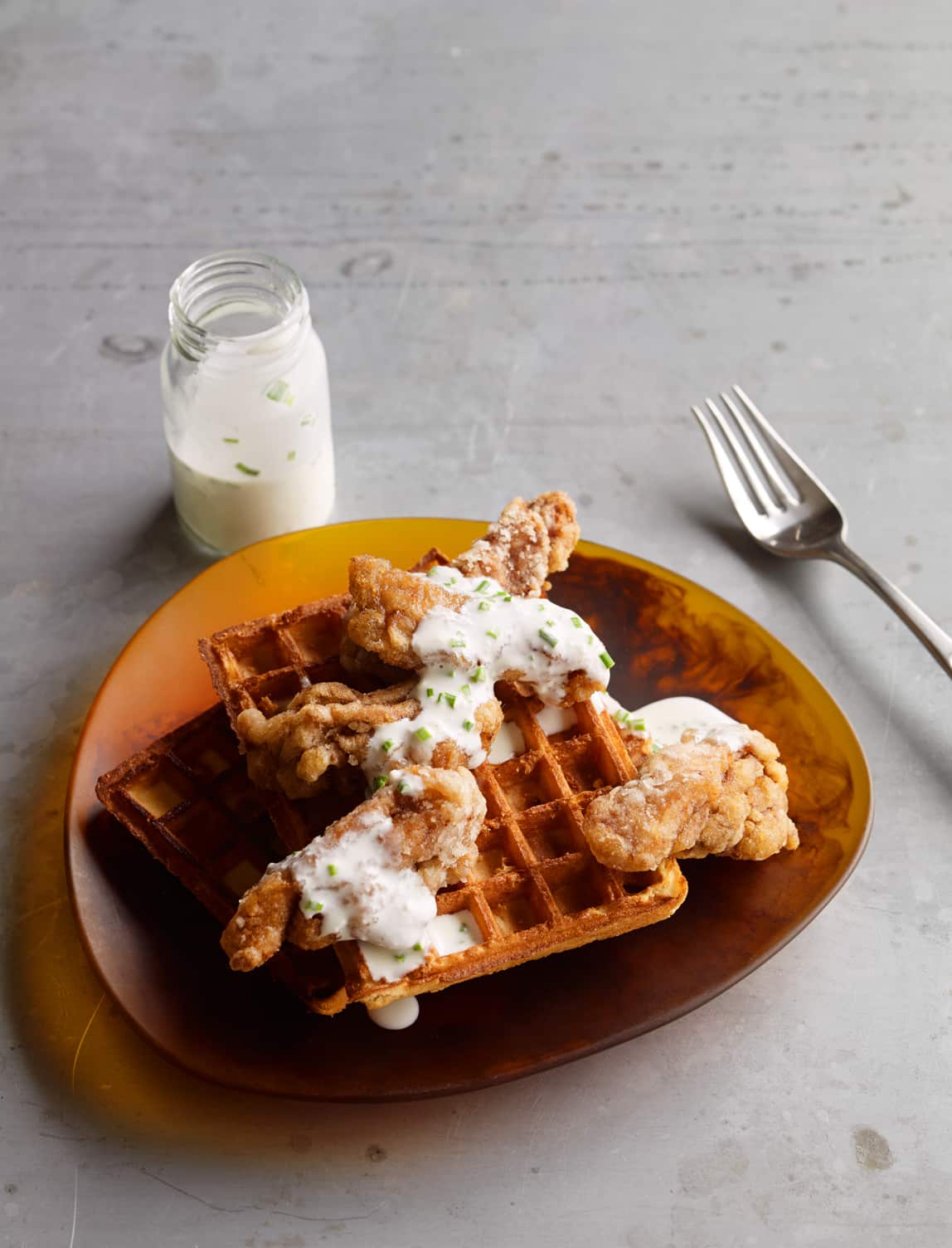 Karaage chicken and waffles with ranch dressing