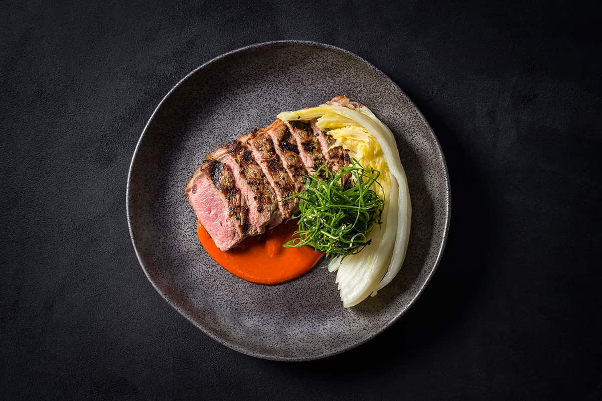 Wagyu +4 Sirloin, red hot chilli pepper miso, & tsukemono