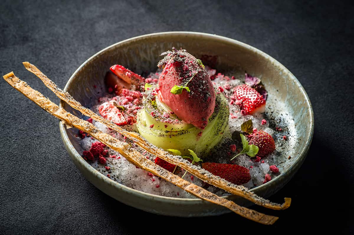 Calpis granita, strawberry eucalyptus sorbet, drunk honeydew melon & black sesame